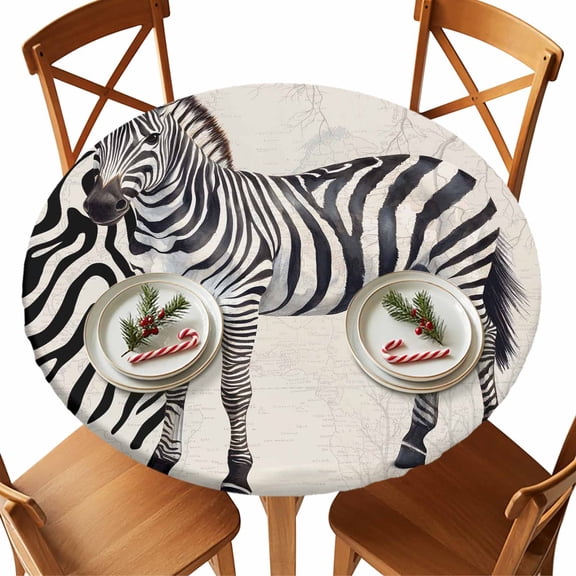 Round Tablecloth Vintage Watercolor Elastic Edge Fitted Zebra Pattern Texture Plastic Table Cover,Waterproof Oil Proof for Dinner,Outdoor, Picnic, 45"- 54" DIA Tables Black White