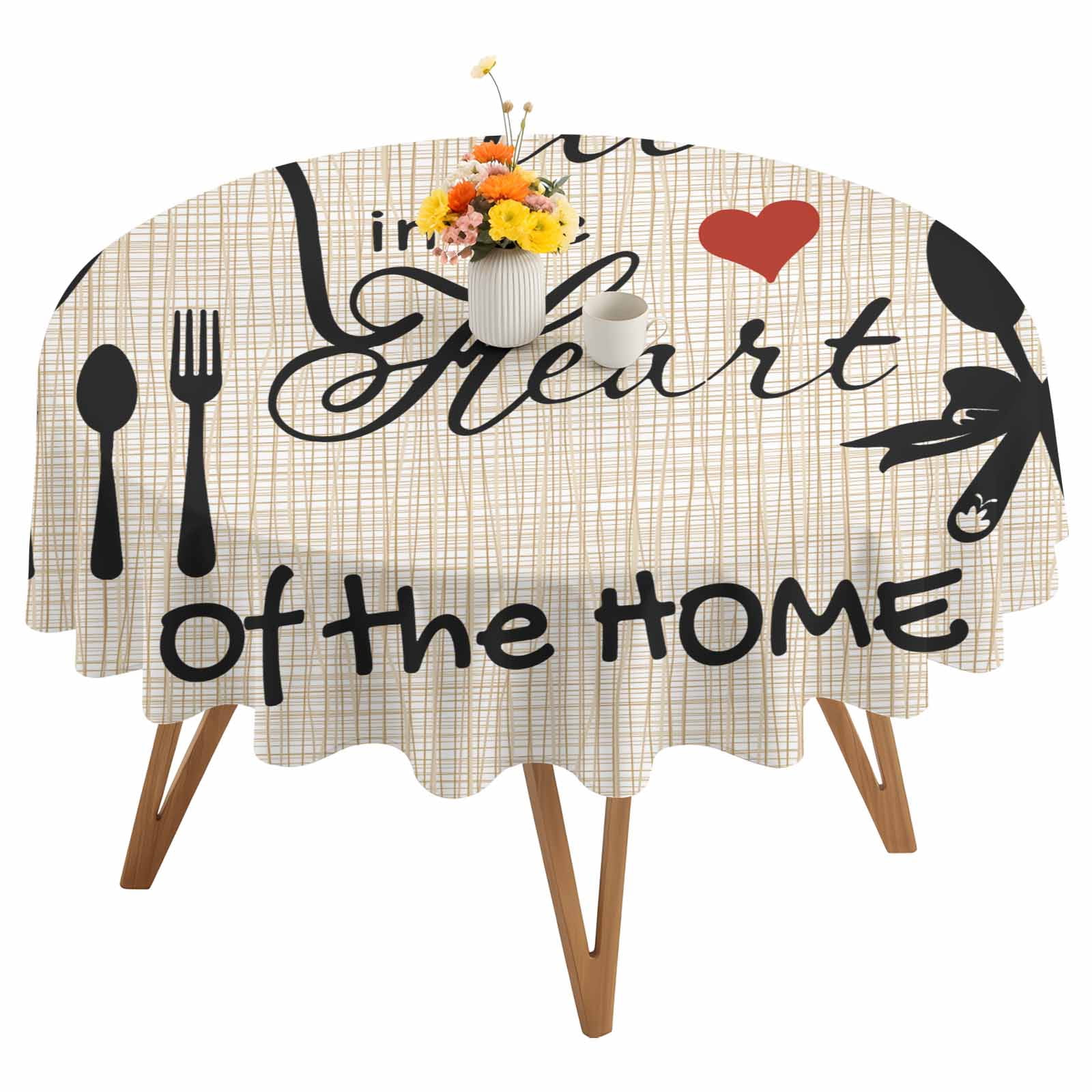 Round Tablecloth Vintage Waterproof Oil Proof Polyester Table Cloth Cover Decor for Home Dining Outdoor,Patio,Parties, 54" Dia. The Kitchen in The Heart of The Home Black Tan Brown