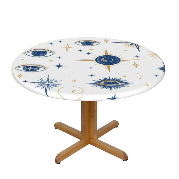 Round Tablecloth Water Repellent Oil Proof Easy Clean Elastic Edge Fit Round Tables For Home Restaurant Hotel Use 35in Blue Gold Eyes Stars Sun Moon