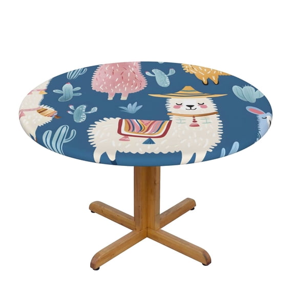 Round Tablecloth Water Repellent Oil Proof Easy Clean Elastic Edge Fit Round Tables For Home Restaurant Hotel Use 35in Funny Llamas Alpacas (2)