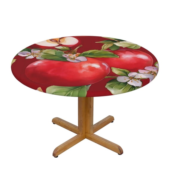 Round Tablecloth Water Repellent Oil Proof Easy Clean Elastic Edge Fit Round Tables For Home Restaurant Hotel Use 35in Red Apple