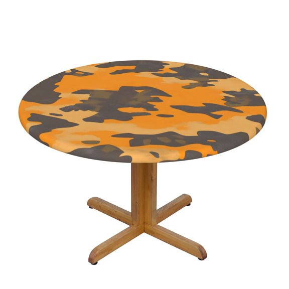 Round Tablecloth Water Repellent Oil Proof Easy Clean Elastic Edge Fit Round Tables For Home Restaurant Hotel Use 51in Texture Camo Army Orange_2