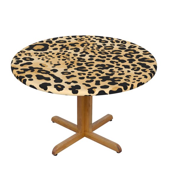 Round Tablecloth Water Repellent Oil Proof Easy Clean Elastic Edge Fit Round Tables For Home Restaurant Hotel Use 35in Leopard Print Pattern Background_1
