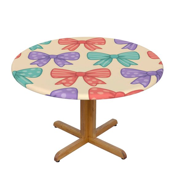Round Tablecloth Water Repellent Oil Proof Easy Clean Elastic Edge Fit Round Tables For Home Restaurant Hotel Use 35in Whimsical Polka Dot And Striped Ribbon Bow Pattern