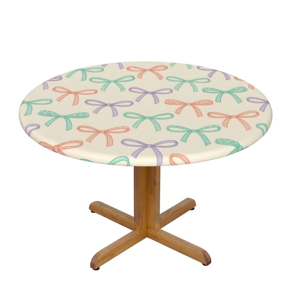 Round Tablecloth Water Repellent Oil Proof Easy Clean Elastic Edge Fit Round Tables For Home Restaurant Hotel Use 39in Whimsical Thin Polka Dot And Striped Ribbon Bow Pattern