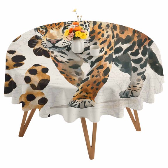 Round Tablecloth Watercolor Animal Waterproof Oil Proof Polyester Table Cloth Cover Decor for Home Dining Outdoor,Patio,Parties, 60" Dia. Retro Stitching Leopard Print Brown