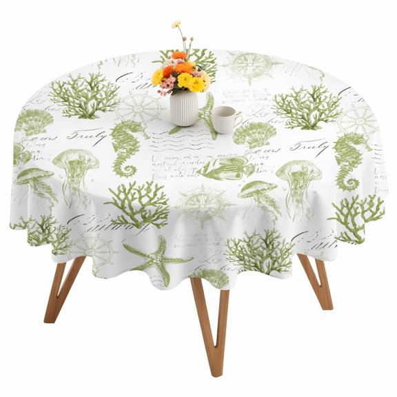 Round Tablecloth Watercolor Coastal Waterproof Oil Proof Polyester Table Cloth Cover Decor for Home Dining Outdoor,Patio,Parties, 54" Dia. Seahorse Starfish Pattern Sage Green
