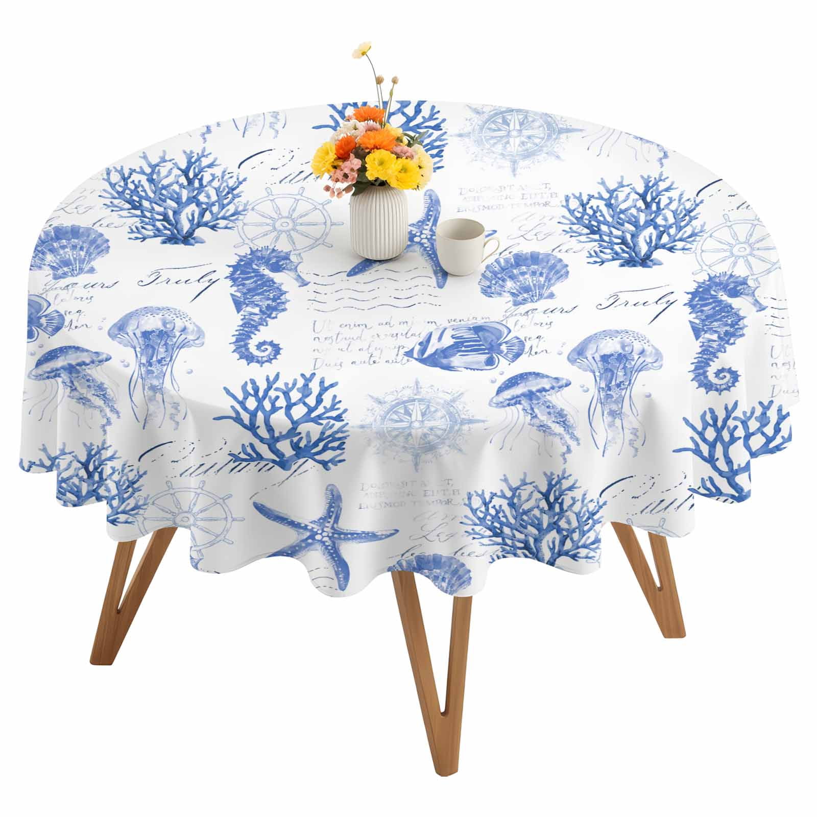 Round Tablecloth Watercolor Coastal Waterproof Oil Proof Polyester Table Cloth Cover Decor for Home Dining Outdoor,Patio,Parties, 60" Dia. Seahorse Starfish Pattern Blue