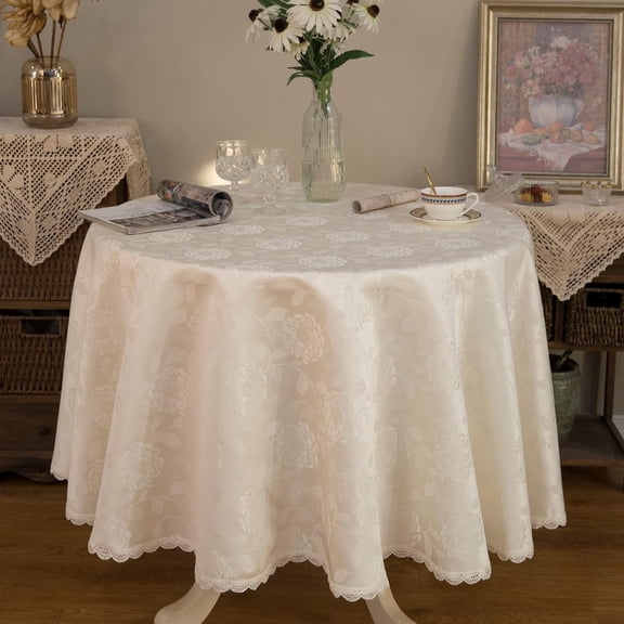 Round Tablecloth Waterproof Spillproof Lace Trim Damask Fabric Table Cloth for Wedding Kitchen Dinning Tabletop Decoration,Table Cover for Outdoor and Indoor