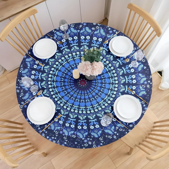Round Tablecloth Waterproof for Camping & Picnic - Elastic Fitted Tables Cover Fits 44 Inches Round Tables, Indoor Outdoor Wipeable Vinyl Surface