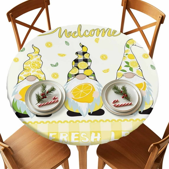 Round Tablecloth Welcome Farmhouse Fresh Lemon Gnomes Elastic Edge Fitted Spring Summer Yellow Check Plastic Table Cover,Waterproof Oil Proof for Dinner,Outdoor, Picnic, 55"- 60" DIA Tables