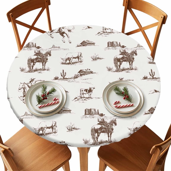 Round Tablecloth Western Farmhouse Elastic Edge Fitted Cowboy Horse Desert Plastic Table Cover,Waterproof Oil Proof for Dinner,Outdoor, Picnic, 36" - 44" DIA Tables Brown White