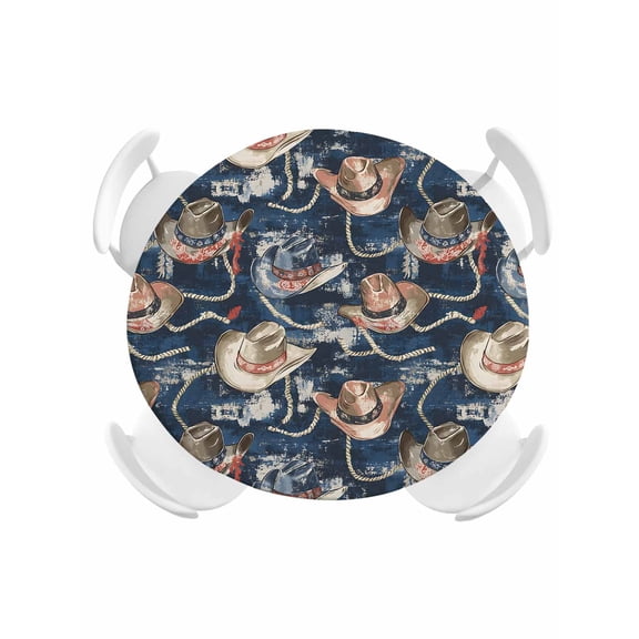 Round Tablecloth Western Farmhouse Elastic Edge Fitted Vintage Cowboy Hat Plastic Table Cover,Waterproof Oil Proof for Dinner,Outdoor, Picnic, 36" - 44" DIA Tables Bule