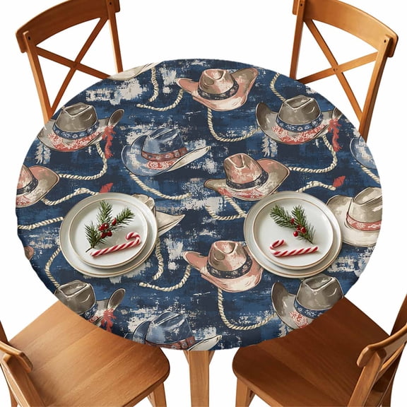 Round Tablecloth Western Farmhouse Elastic Edge Fitted Vintage Cowboy Hat Plastic Table Cover,Waterproof Oil Proof for Dinner,Outdoor, Picnic, 36" - 44" DIA Tables Bule