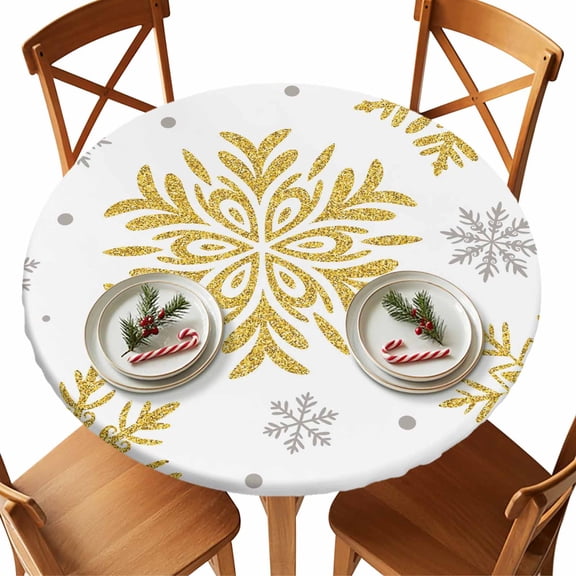 Round Tablecloth White Christmas Elastic Edge Fitted Abstract Snowflake Pattern Plastic Table Cover,Waterproof Oil Proof for Dinner,Outdoor, Picnic, 36" - 44"&nbsp; DIA Tables Gold Silver