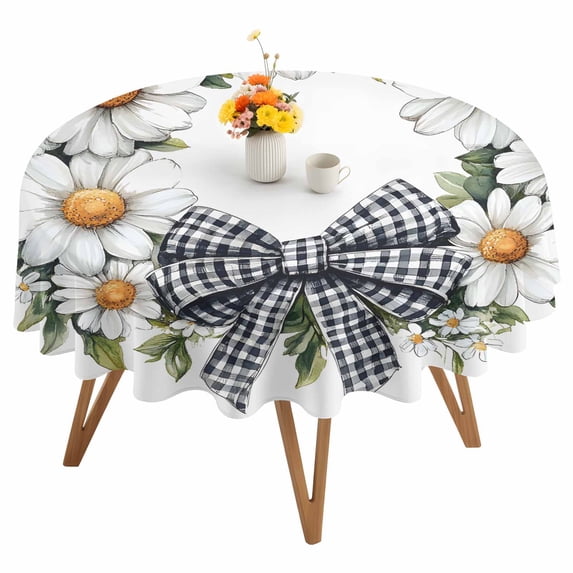 Round Tablecloth White Daisy Floral Waterproof Oil Proof Polyester Table Cloth Cover Decor for Home Dining Outdoor,Patio,Parties, 54" Dia. Rustic Farm Plaid Bow Wreath