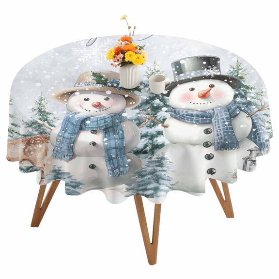 Round Tablecloth Winter Snowman Squirrel Waterproof Oil Proof Polyester Table Cloth Cover Decor for Home Dining Outdoor,Patio,Parties, 54" Dia. Merry Christmas Deer