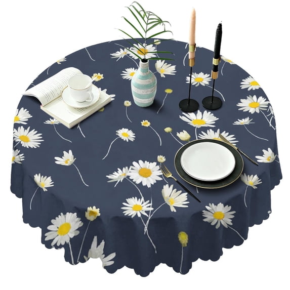 Round Tablecloth Wrinkle Free 60 Inch Daisy Table Cover Floral Dining Kitchen
