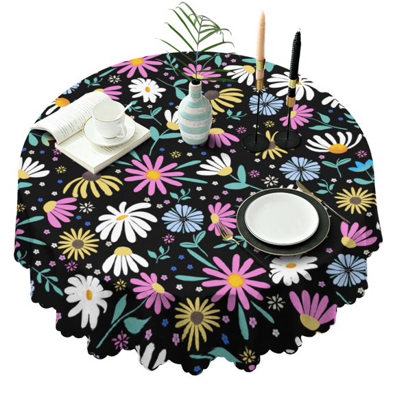 Round Tablecloth Wrinkle Free 60 Inch Floral Table Cover Daisy Pattern Kitchen Dining