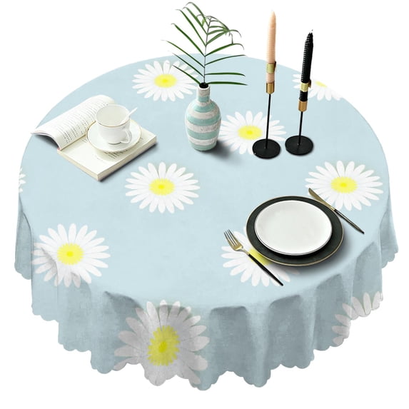 Round Tablecloth Wrinkle Free 60 Inch Table Cover Daisy Design Kitchen Dining