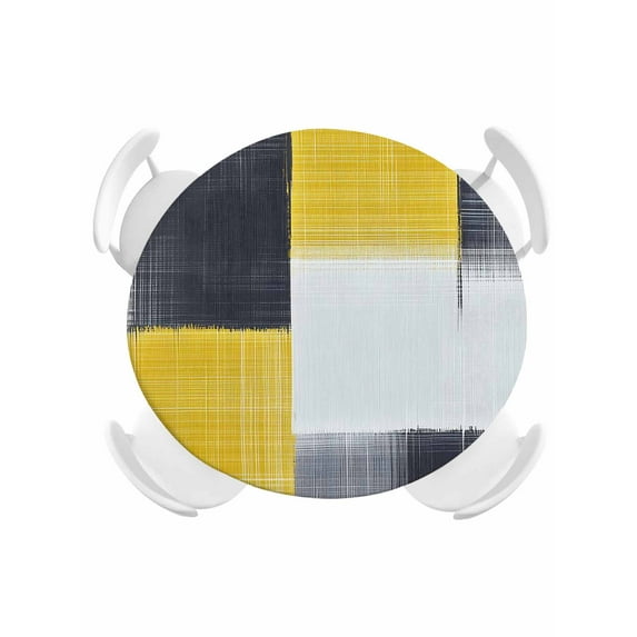 Round Tablecloth Yellow Black Graffiti Block Elastic Edge Fitted Modern Abstract Texture Art Plastic Table Cover,Waterproof Oil Proof for Dinner,Outdoor, Picnic, 55"- 60" DIA Tables