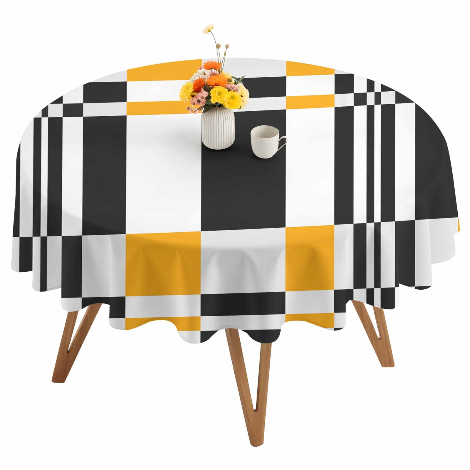 Round Tablecloth Yellow Black Squares Waterproof Oil Proof Polyester Table Cloth Cover Decor for Home Dining Outdoor,Patio,Parties, 54" Dia. Abstract Geometric Art