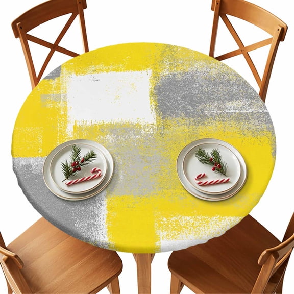 Round Tablecloth Yellow Grey Abstract Paint Elastic Edge Fitted Modern Rustic Graffiti Plastic Table Cover,Waterproof Oil Proof for Dinner,Outdoor, Picnic, 36" - 44"&nbsp; DIA Tables