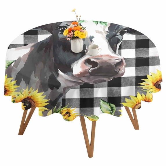 Round Tablecloth Yellow Sunflower Cow Farmhouse Waterproof Oil Proof Polyester Table Cloth Cover Decor for Home Dining Outdoor,Patio,Parties, 60" Dia. Black And White Check Plaid