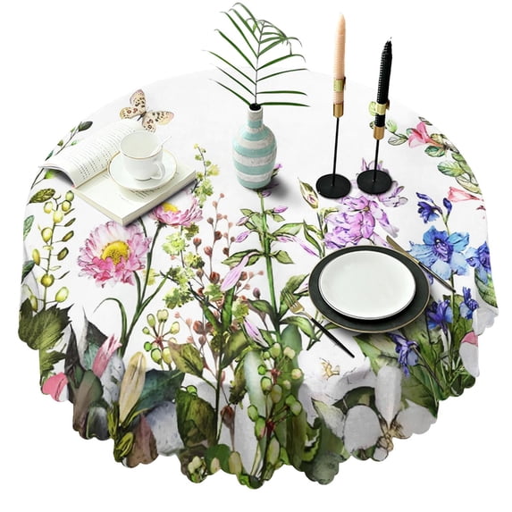 Round Tablecloth flower Design Cover 60 Inch Polyester Waterproof Stain Wrinkle Free for Dining