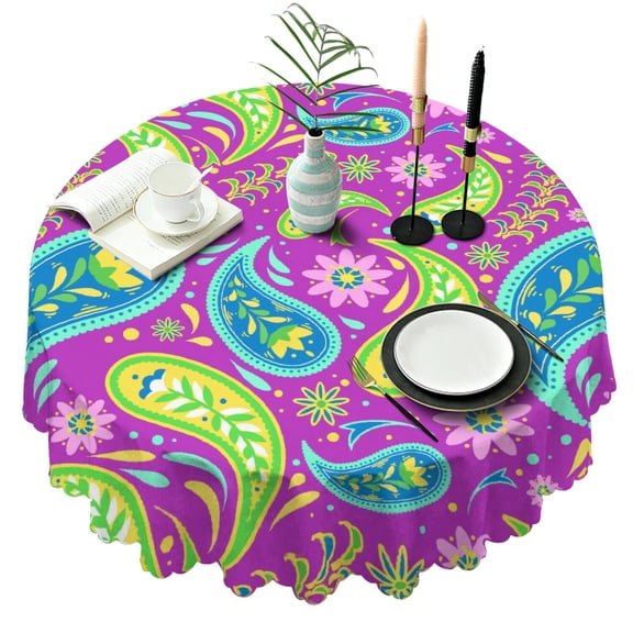 Round Tablecloth for Everyday Dining 60 Inch Vintage Paisley Pattern Table Cover Floral Durable Fabric Kitchen