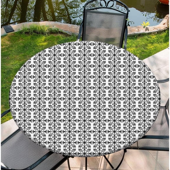 Round Tablecloth with Elastic Edge, 36-60Inch Waterproof Table Cloth for Dinner, Outdoor, Picnic, 44inch, Black and White Mandala