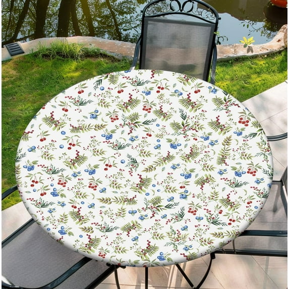 Round Tablecloth with Elastic Edge, 36-60Inch Waterproof Table Cloth for Dinner, Outdoor, Picnic, 44inch, Cherry and Blueberry