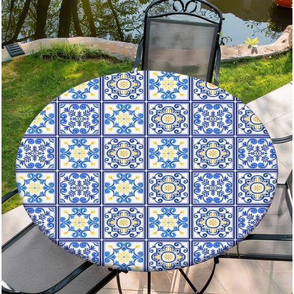 Round Tablecloth with Elastic Edge, 36-60Inch Waterproof Table Cloth for Dinner, Outdoor, Picnic, 44inch, Mandala and Checker