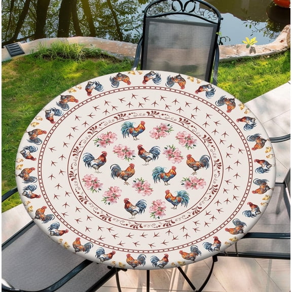Round Tablecloth with Elastic Edge, 36-60Inch Waterproof Table Cloth for Dinner, Outdoor, Picnic, 52inch, Chicken