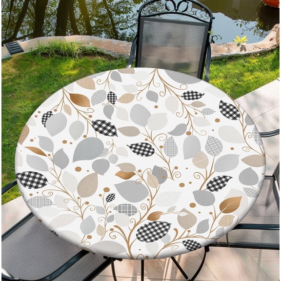 Round Tablecloth with Elastic Edge, 36-60Inch Waterproof Table Cloth for Dinner, Outdoor, Picnic, 52inch, Collage Leaves
