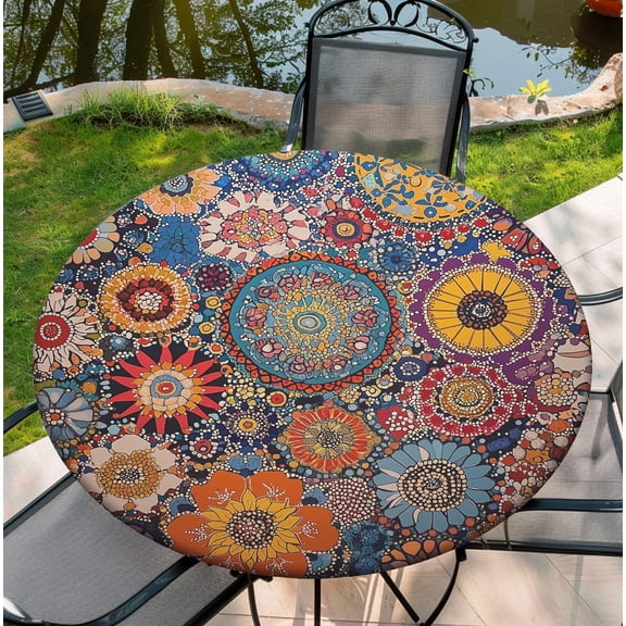 Round Tablecloth with Elastic Edge, 36-60Inch Waterproof Table Cloth for Dinner, Outdoor, Picnic, 52inch, Colorful Mandala
