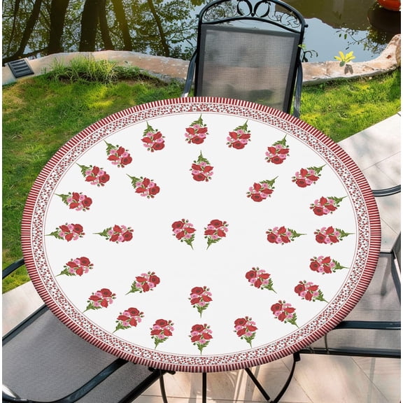 Round Tablecloth with Elastic Edge, 36-60Inch Waterproof Table Cloth for Dinner, Outdoor, Picnic, 52inch, Red Flower