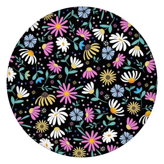 Round Tablecloth with Elastic Edge, Bright Daisy Floral Print for Home or Patio, Easy Care Fabric, Fits 44-52 Inch