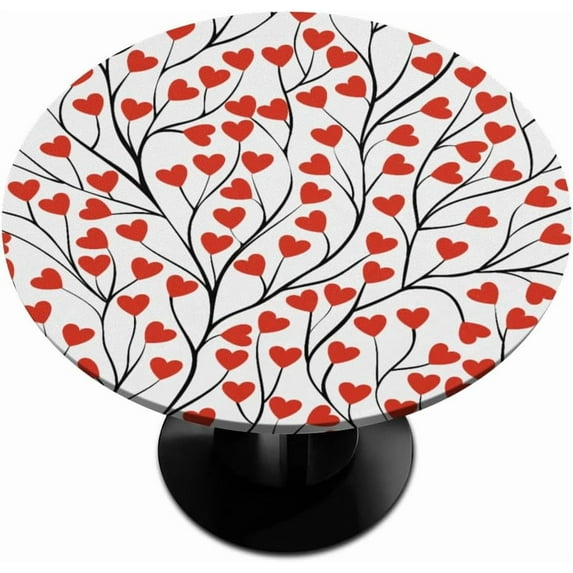 Round Tablecloth with Elastic Edged Valentine''s Love Hearts Tree Fitted Table Cover Wipeable for Tables up to 40-44 inch Diameter