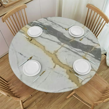 Round Tablecloth with Elastic, Waterproof Tablecloths Fitted Table Cloth, Golden Lines White Marble