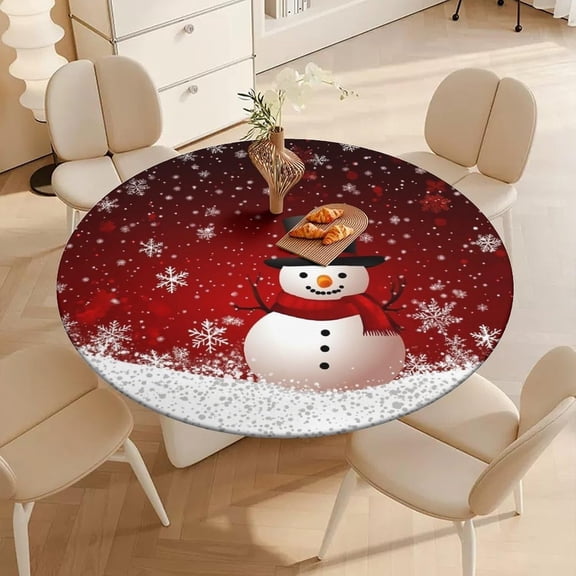 Round Tablecloth with Elastic Winter Snowman Round Elastic Tablecloth Waterproof Wipeable Circle Table Cloth for Home Outdoor, Fits 40"-44" Tables