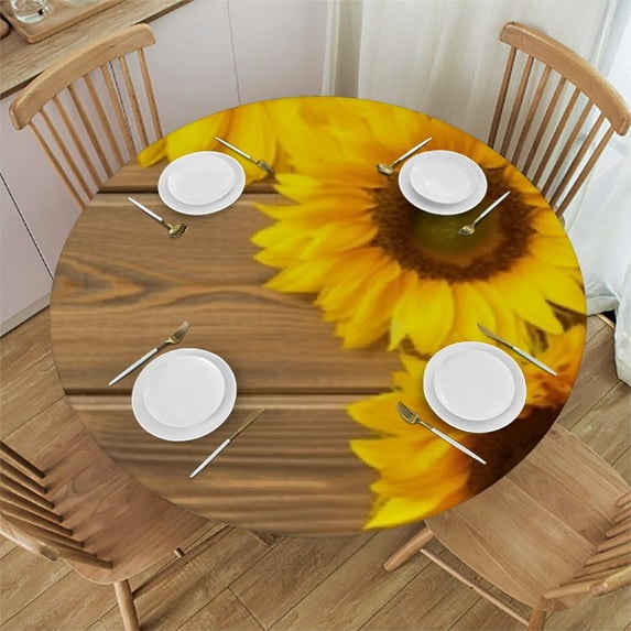 Round Tablecloth with Elastic, on on Wood Grain Waterproof Fitted Table Cloth, Farm Flowers Country Table Cover