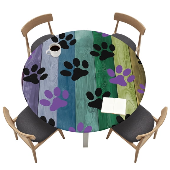 Round Tablecloths with Elastic Edged Abstract Colorful Wood Grain Fitted Table Cloth Fits Tables up to 45"-54", Black Purple Animal Footprints Waterproof Table Cover for Indoor Outdoor Party