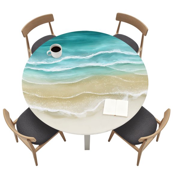 Round Tablecloths with Elastic Edged Abstract Turquoise Beige Beach Theme Fitted Table Cloth Fits Tables up to 55"-60", Coastal Ombre Water Ripple Waterproof Table Cover for Indoor Outdoor Party