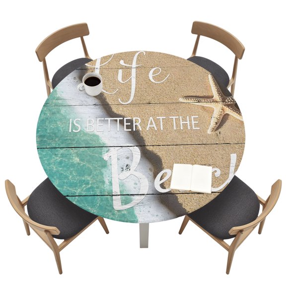 Round Tablecloths with Elastic Edged Beach Life Seaside Starfish Sea Water Fitted Table Cloth Fits Tables up to 36"-44", Sand Coastal Nautical Theme Waterproof Table Cover for Indoor Outdoor Party