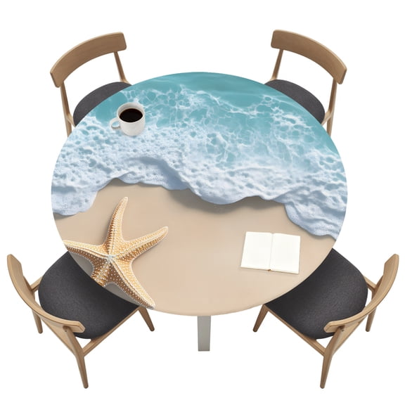 Round Tablecloths with Elastic Edged Beach Starfish Teal Sea Water Fitted Table Cloth Fits Tables up to 55"-60", Summer Ocean Theme Waterproof Table Cover for Indoor Outdoor Party