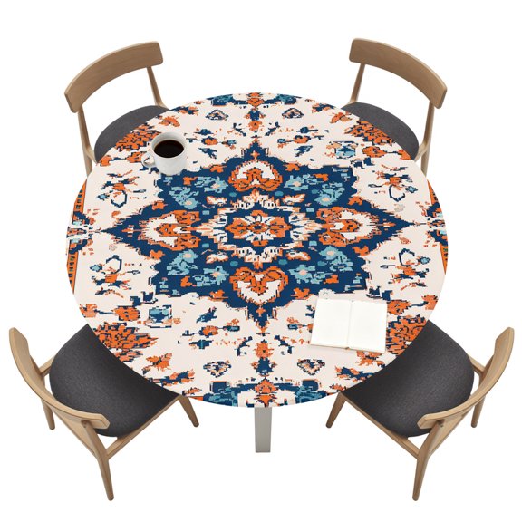 Round Tablecloths with Elastic Edged Bohemia Tribal Western Pattern Fitted Table Cloth Fits Tables up to 36"-44", Retro Native Aesthetic Waterproof Table Cover for Indoor Outdoor Party