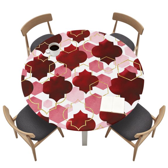Round Tablecloths with Elastic Edged Burgundy Red Moroccan Texture Fitted Table Cloth Fits Tables up to 45"-54", Retro Geometric Pattern Waterproof Table Cover for Indoor Outdoor Party