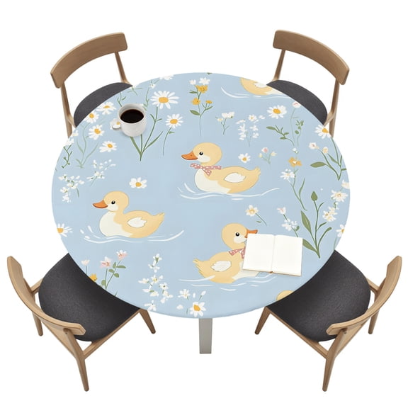 Round Tablecloths with Elastic Edged Cartoon Cute Duck Flower Fitted Table Cloth Fits Tables up to 36"-44", Farm Animals on Blue Lake Waterproof Table Cover for Indoor Outdoor Party