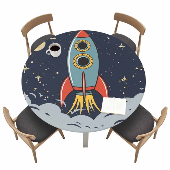 Round Tablecloths with Elastic Edged Cartoon Space Rocket Launch Stars and Moon Fitted Table Cloth Fits Tables up to 45"-54", Outer Planet Waterproof Table Cover for Indoor Outdoor Party